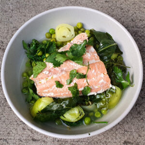 Salmon and greens traybake