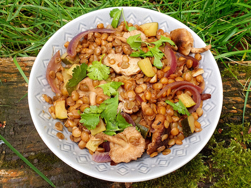 Sauteed shiitake and courgette with lentils