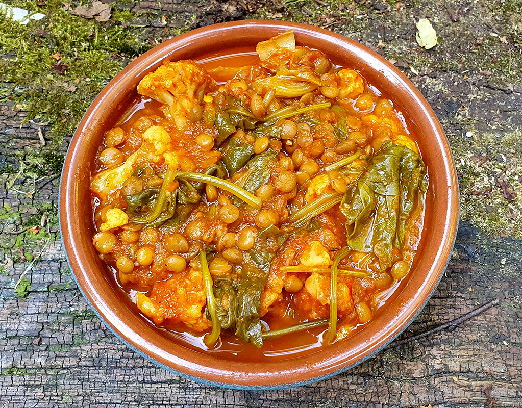 Cauliflower, lentil and spinach curry