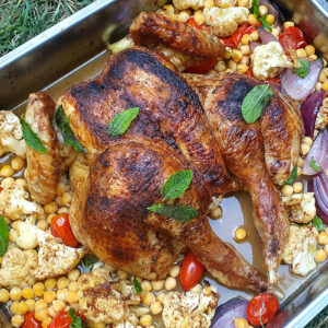 Roasted spatchcock chicken with cauliflower