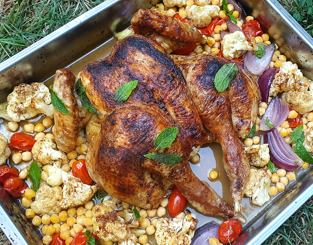 Roasted spatchcock chicken with cauliflower