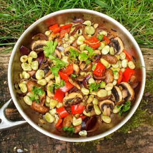 Sauteed mushrooms and broad beans