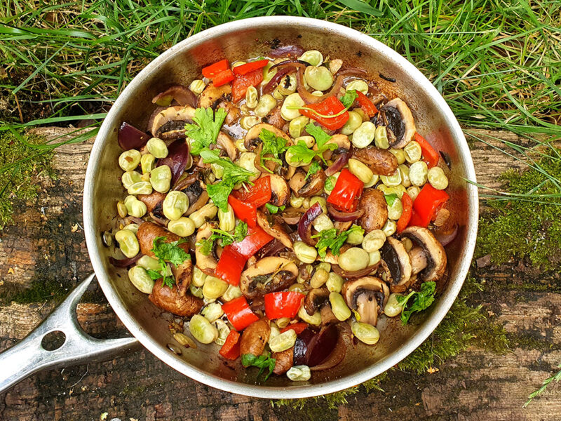 Sauteed mushrooms and broad beans