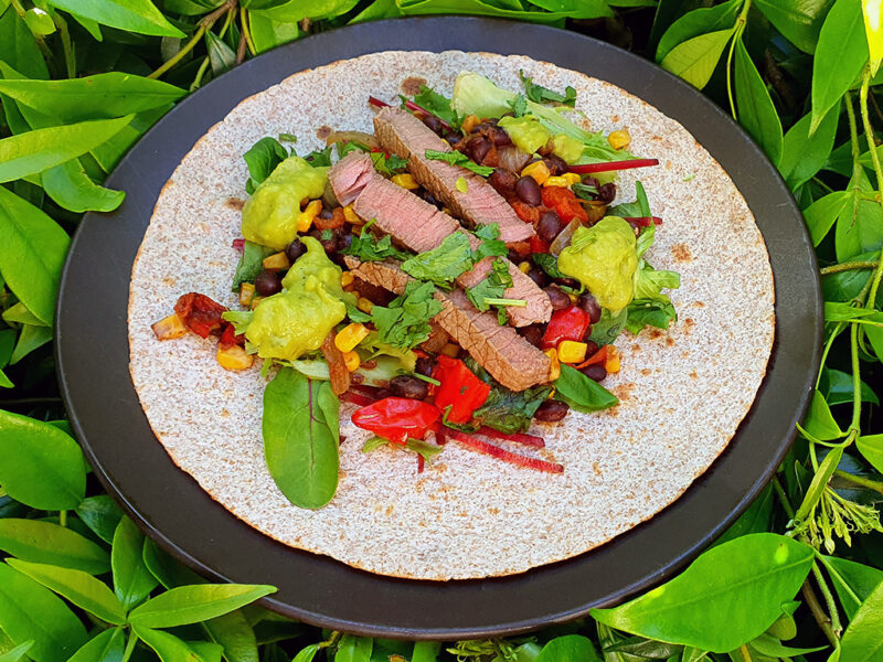 Steak and black beans tortilla wrap