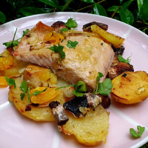 Baked salmon with mushrooms and potatoes