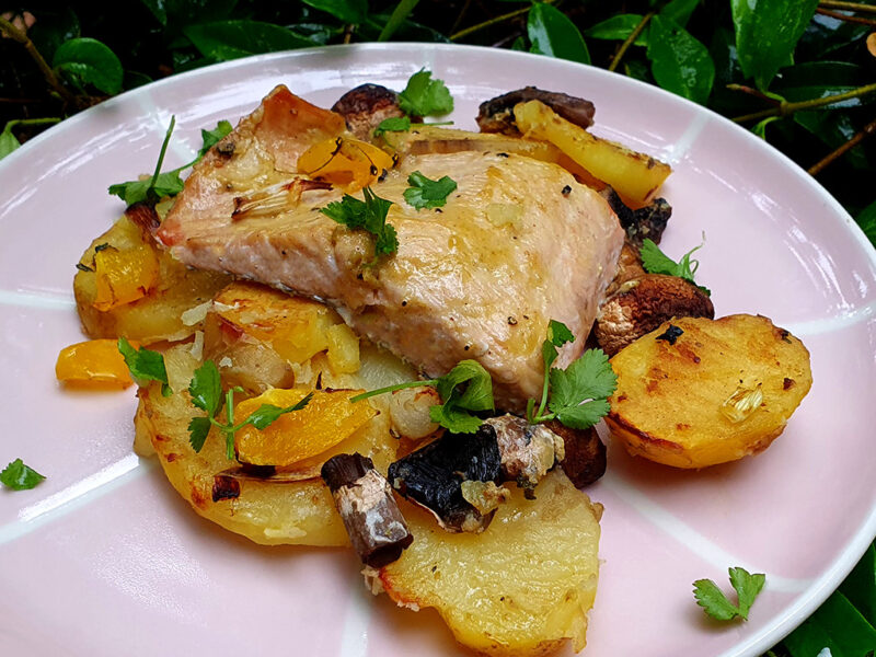 Baked salmon with mushrooms and potatoes