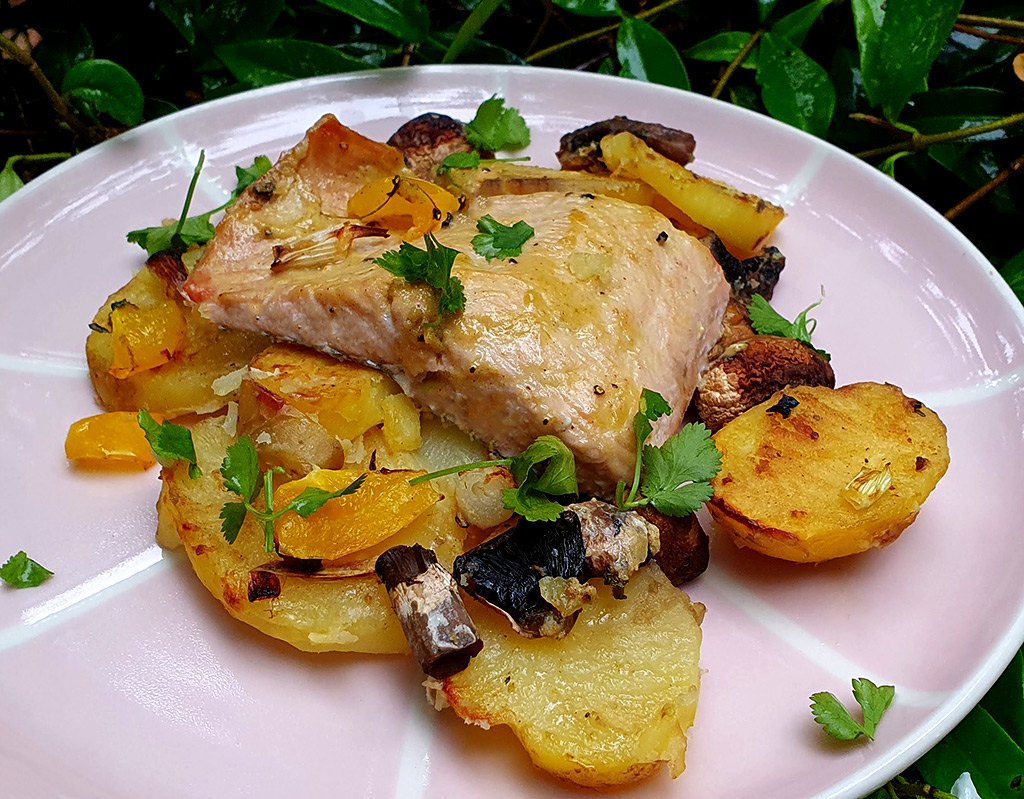 Baked salmon with mushrooms and potatoes