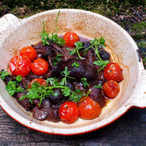 Balsamic baked shiitake and tomatoes