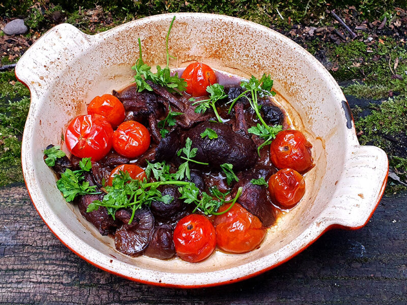 Balsamic baked shiitake and tomatoes