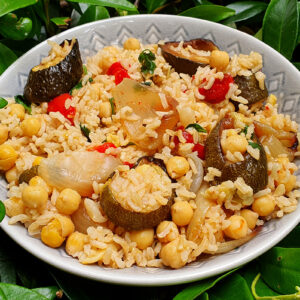 Rice with chickpeas and roasted vegetables