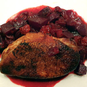 Duck breast with beetroot and blackberries