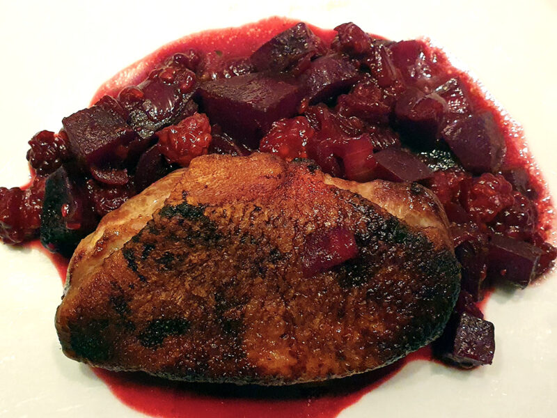 Duck breast with beetroot and blackberries