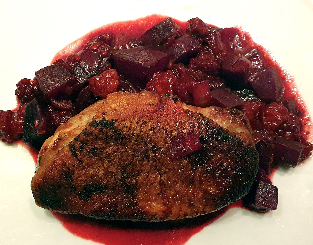 Duck breast with beetroot and blackberries