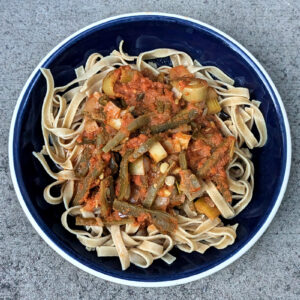 Pasta with leek and runner beans