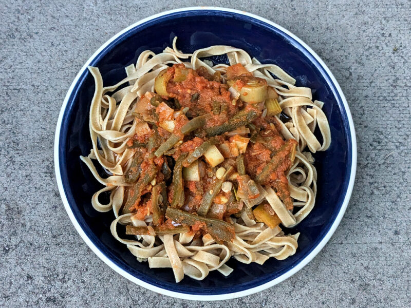 Pasta with leek and runner beans