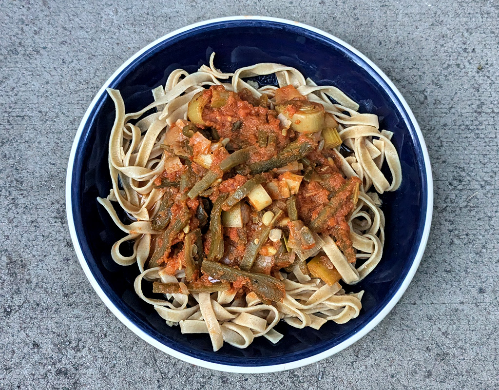 Pasta with leek and runner beans