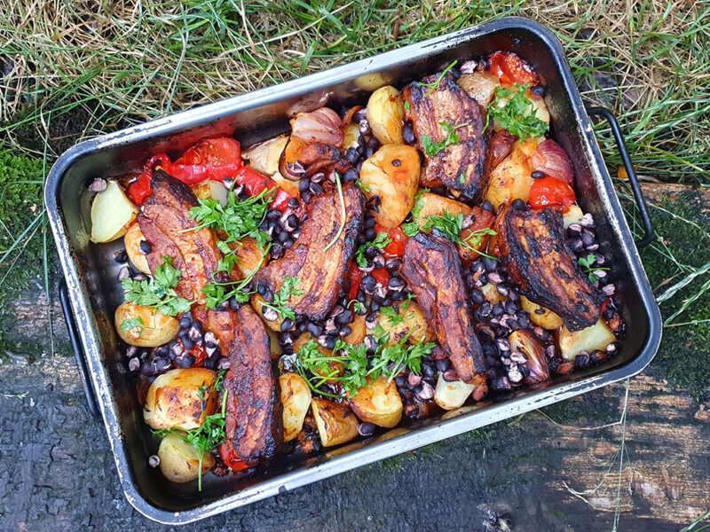 Pork belly, potatoes and beans traybake