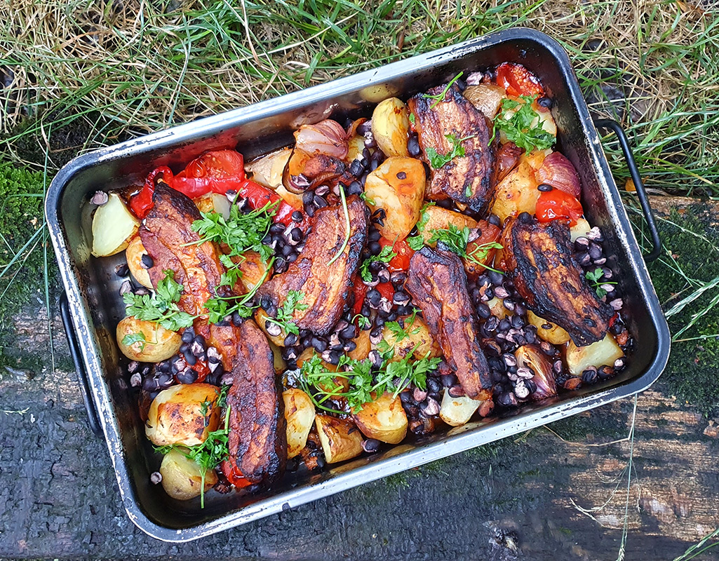 Pork belly, potatoes and beans traybake