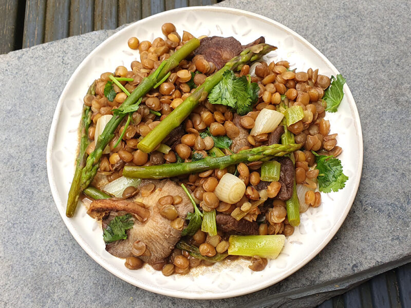 Sauteed shiitake, lentils and asparagus