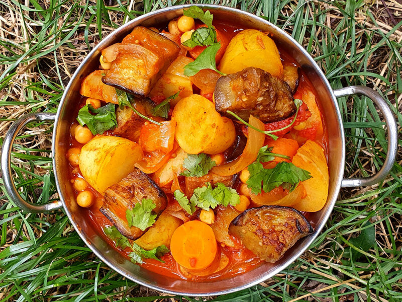 Aubergine, potato and chickpea curry