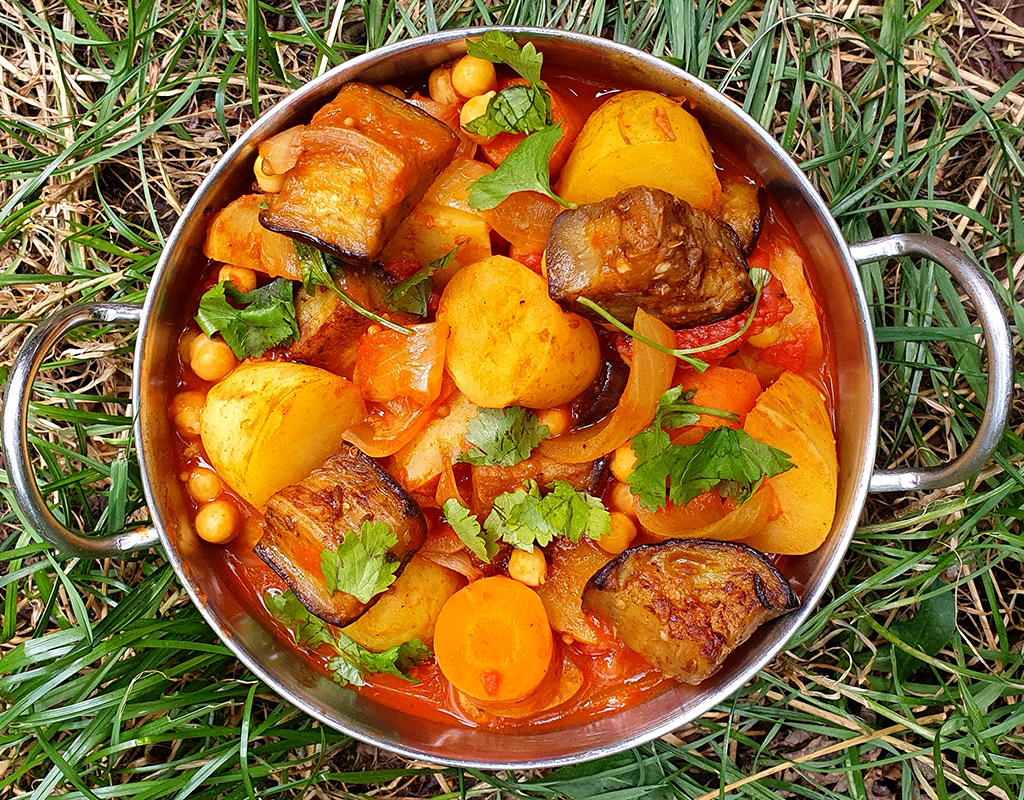 Aubergine, potato and chickpea curry