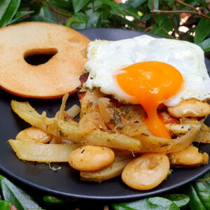 Bagel with halloumi, fennel & beans