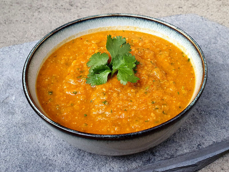 Carrot and chickpea soup with roasted vegetables