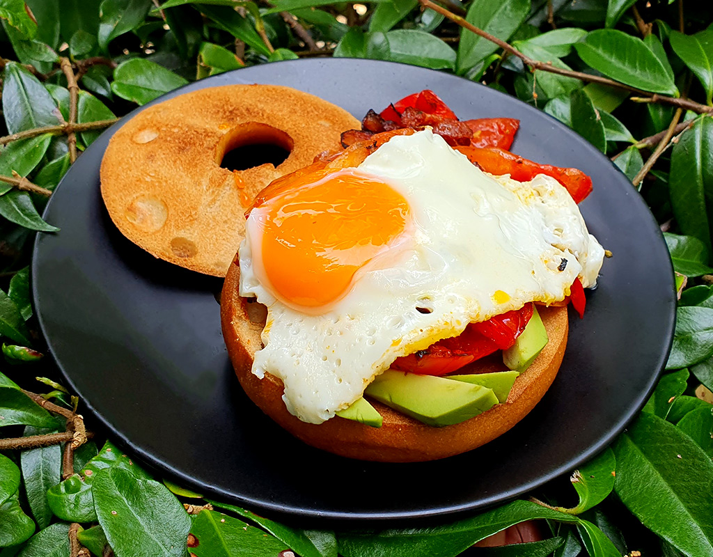 Chorizo, egg and avocado bagel