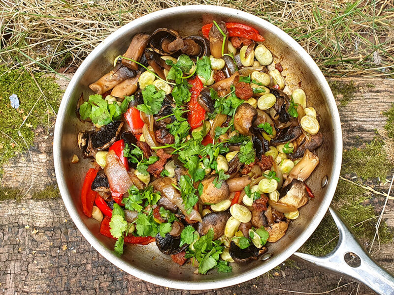 Chorizo mushrooms with broad beans