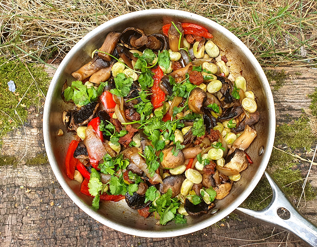 Chorizo mushrooms with broad beans