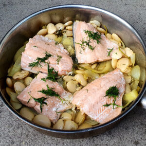 Salmon with sautéed fennel and butter beans