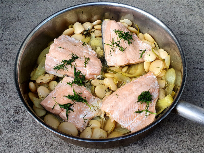 Salmon with sautéed fennel and butter beans