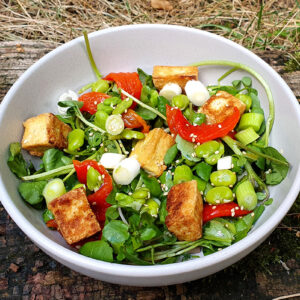 Watercress and bean salad with crispy tofu