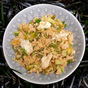 Egg-fried rice with haddock