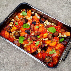 Aubergine, sweet potato and broad beans traybake