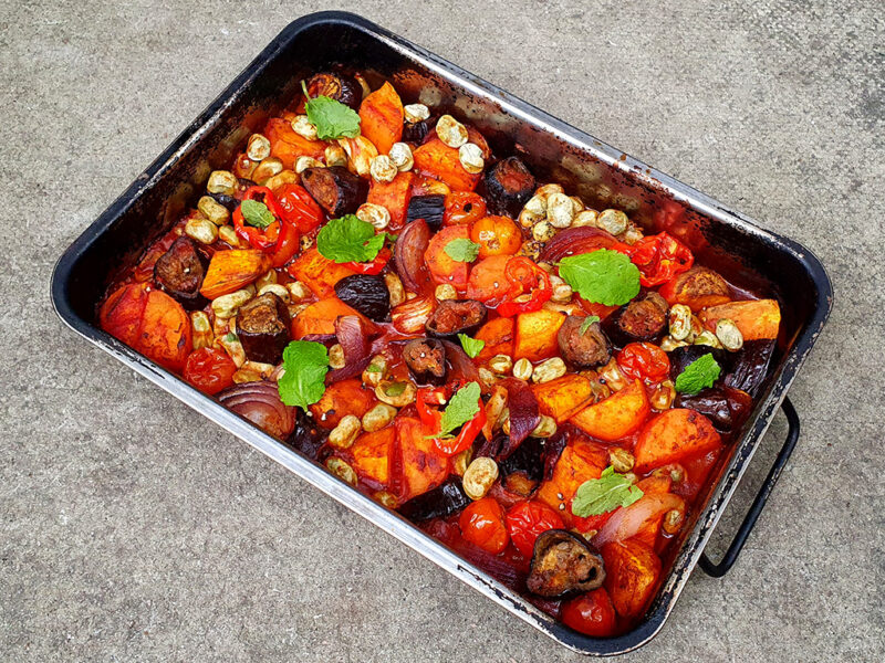 Aubergine, sweet potato and broad beans traybake