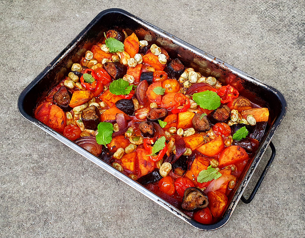 Aubergine, sweet potato and broad beans traybake