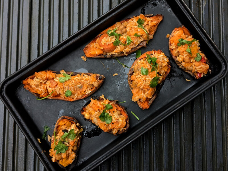 Double baked sweet potatoes with rice and lentils