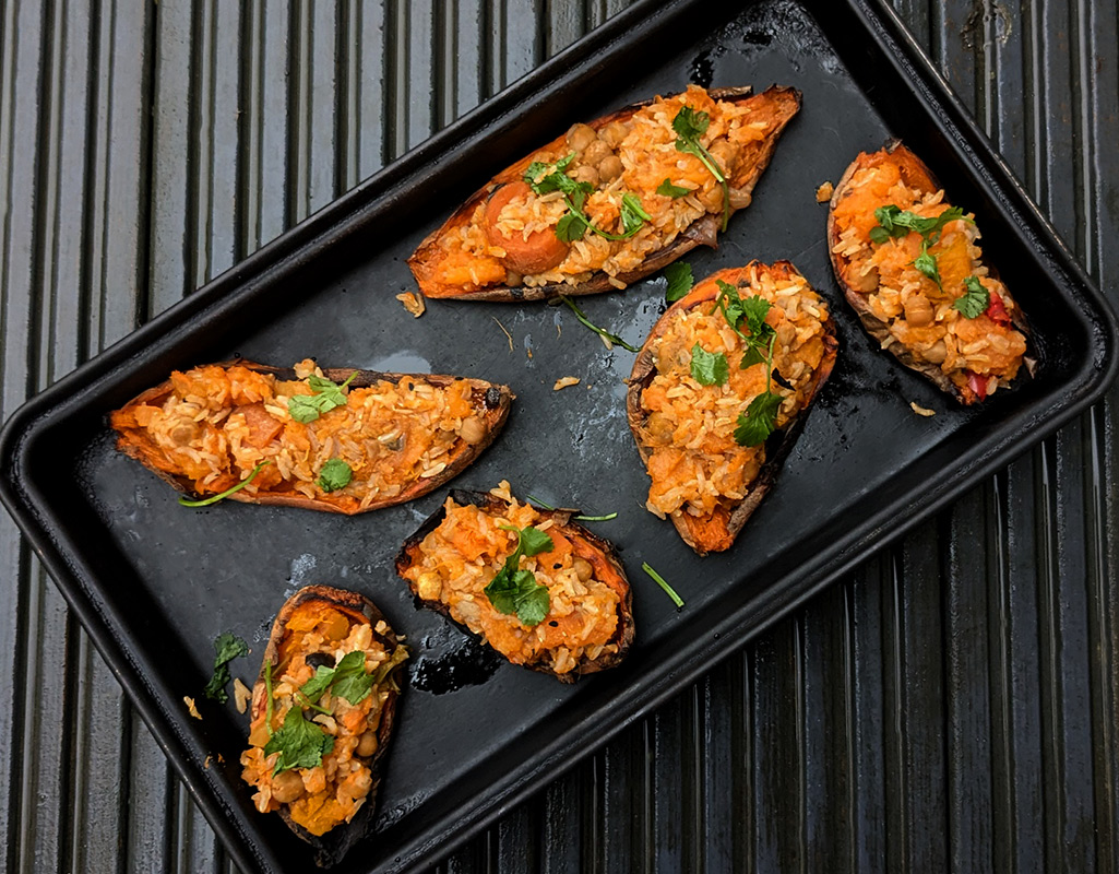 Double baked sweet potatoes with rice and lentils