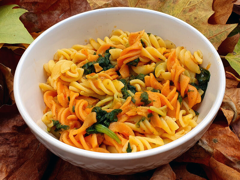 Spinach pasta with butternut squash sauce