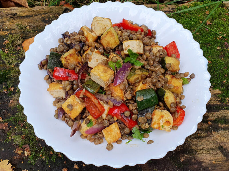 Warm lentil and courgette salad with crispy tofu