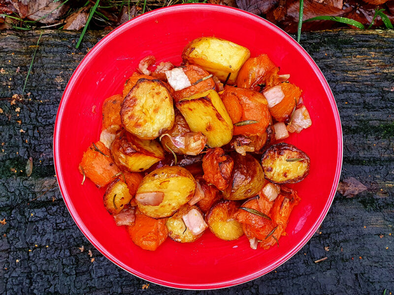 Roast potatoes and sweet potatoes with bacon