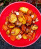 Roast potatoes and sweet potatoes with bacon