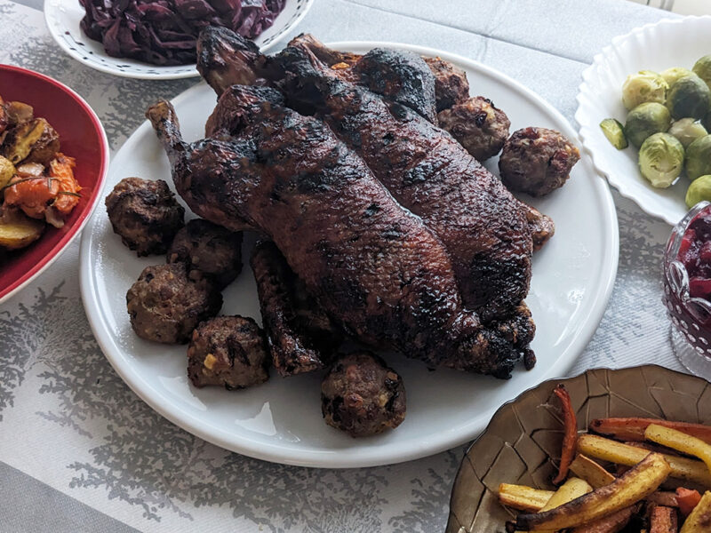 Roasted duck with duck brandied cherries