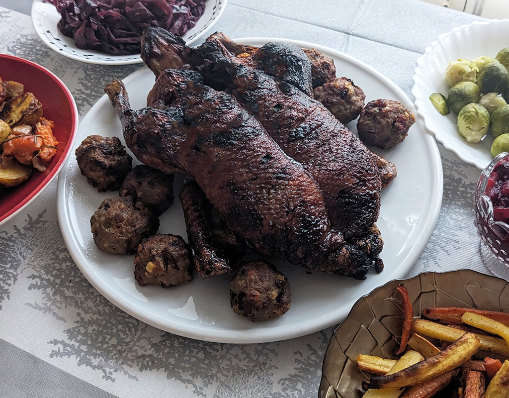 Roasted duck with duck brandied cherries