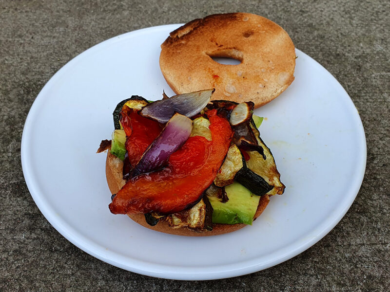 Bagel with avocado and Air Fryer vegetables