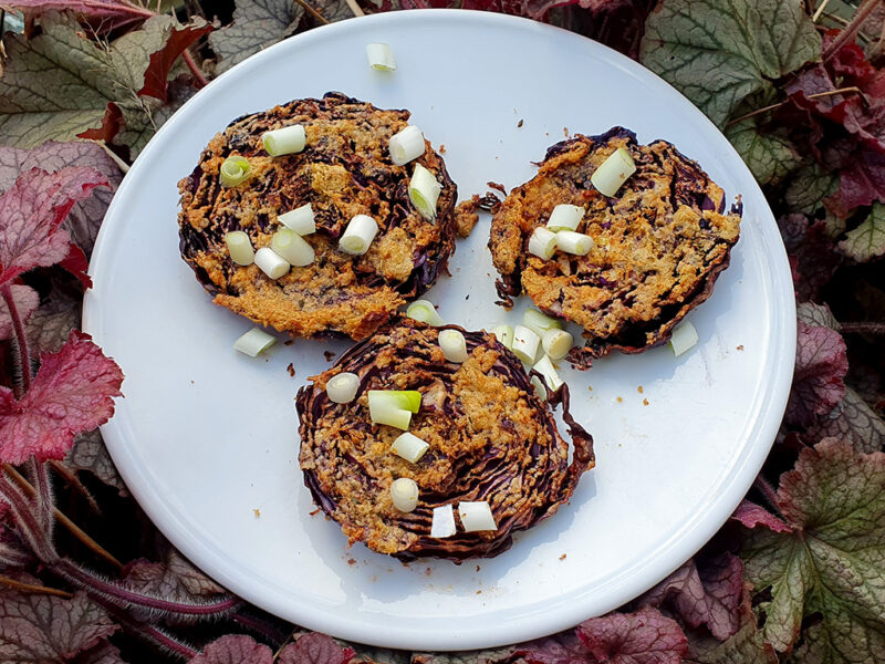 Cumin and tahini roasted red cabbage steaks