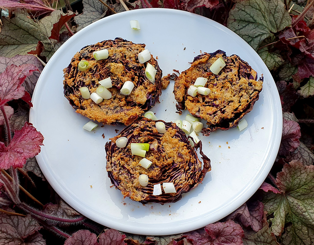 Cumin and tahini roasted red cabbage steaks