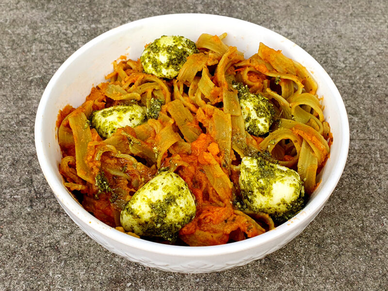 Sweet potato pasta with mozzarella balls