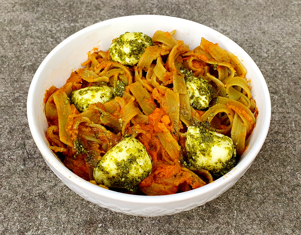 Sweet potato pasta with mozzarella balls